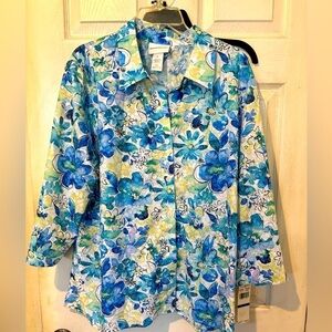 Alfred Dunner NWT Multi Shades of Blue Button Down Blouse.